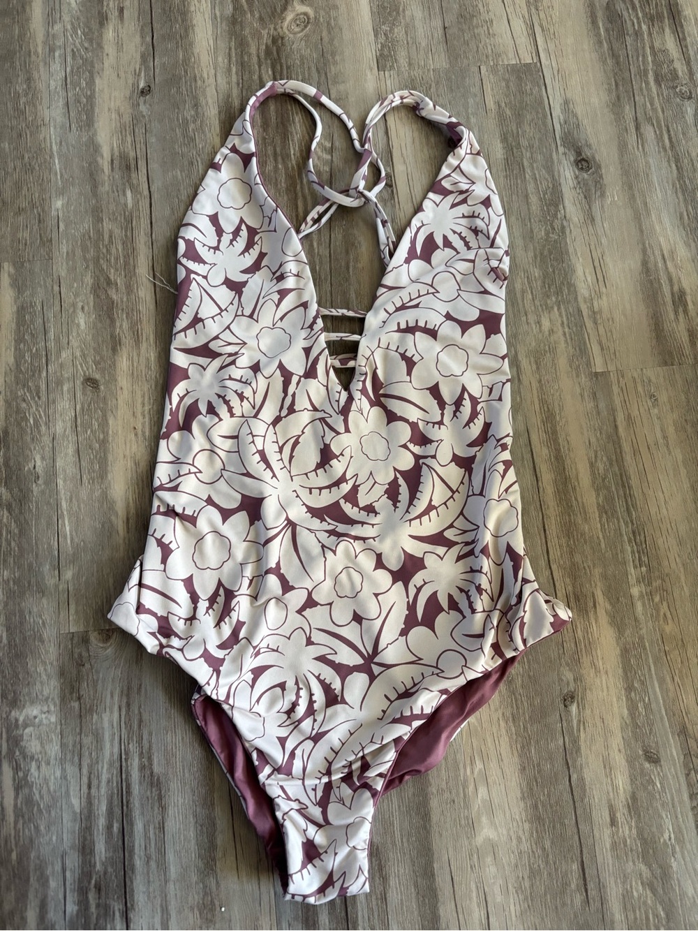 Patagonia Mauve and White Floral Halter One-Piece Swimsuit